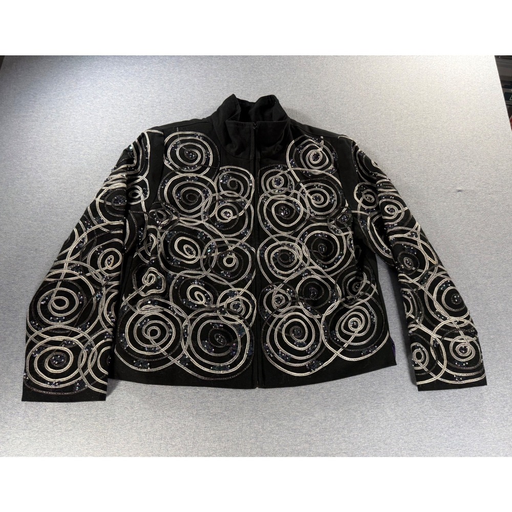 Anage Black Swirl Embroidered Sequin Zip Jacket Purple Lining Mock Neck Large
